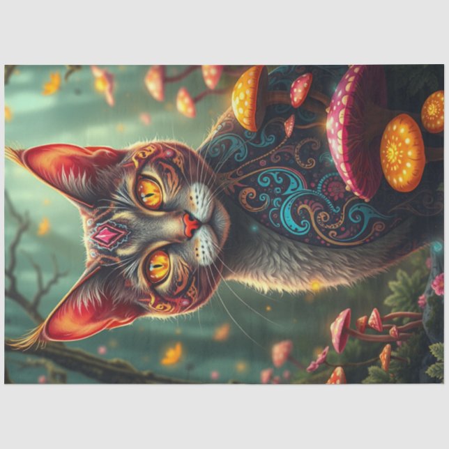 Fantasy Mushroom Forest Colorful Cat  Tissue Paper (Front)