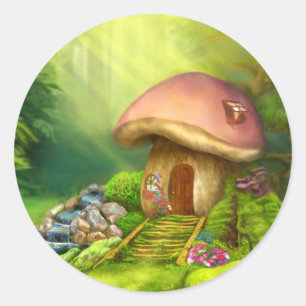 Fantasy mushroom house classic round sticker