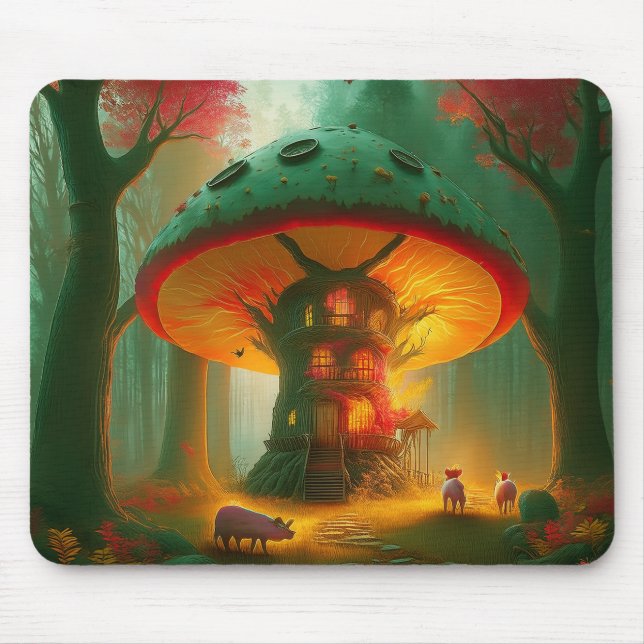 Fantasy Mushroom Tree House With Pigs Mouse Pad (Front)