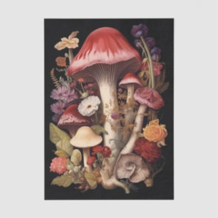 Fantasy Mushrooms and Flowers on Black Background Tissue Paper