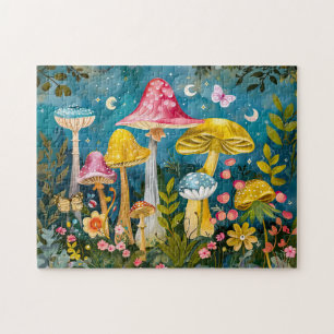 Fantasy Mushrooms in a Forest by Moonlight Jigsaw Puzzle