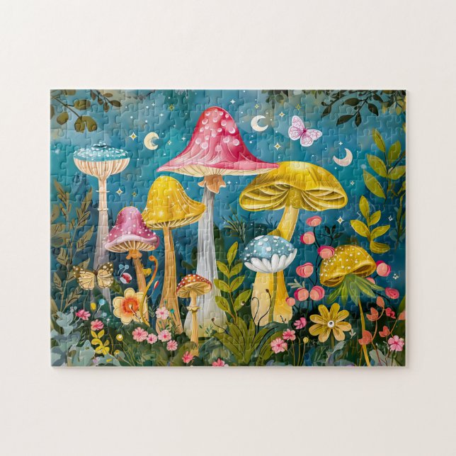 Fantasy Mushrooms in a Forest by Moonlight Jigsaw Puzzle (Horizontal)