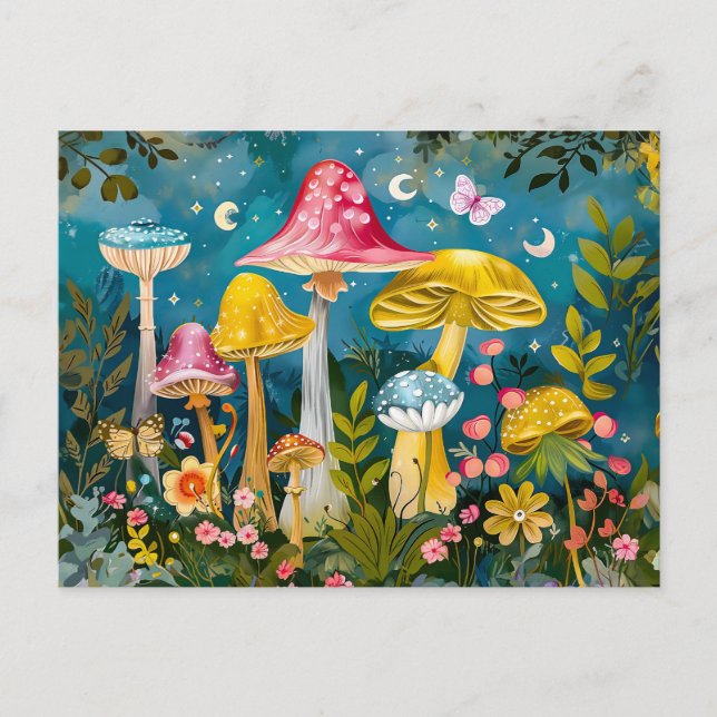Fantasy Mushrooms in a Forest by Moonlight Postcard (Front)