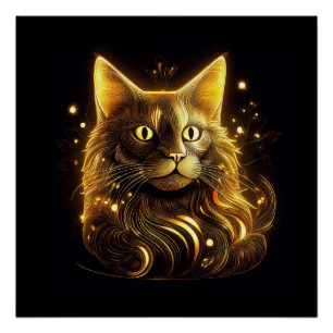 Fantasy Neon Gold Cat Poster