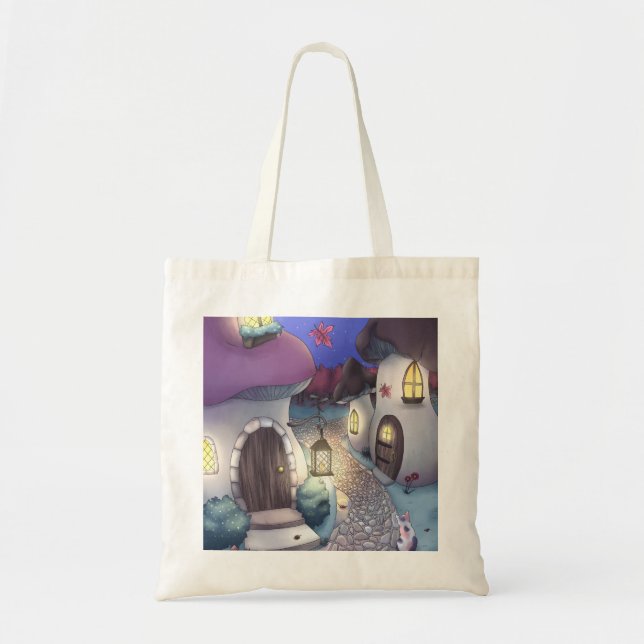 Fantasy Nighttime Mushroom Village Illustration Tote Bag (Front)