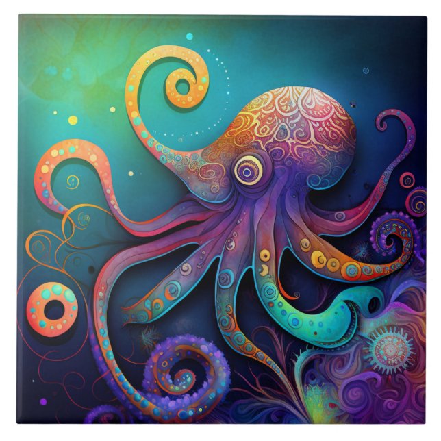 Fantasy Octopus, Watercolor  Tile (Front)