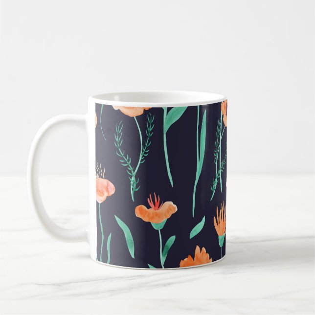 Fantasy Orange Flowers: Watercolor Dark Pattern. Coffee Mug (Left)