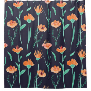 Fantasy Orange Flowers: Watercolor Dark Pattern. Shower Curtain