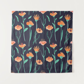 Fantasy Orange Flowers: Watercolor Dark Pattern. Tapestry
