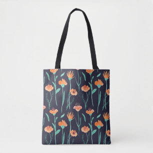 Fantasy Orange Flowers: Watercolor Dark Pattern. Tote Bag