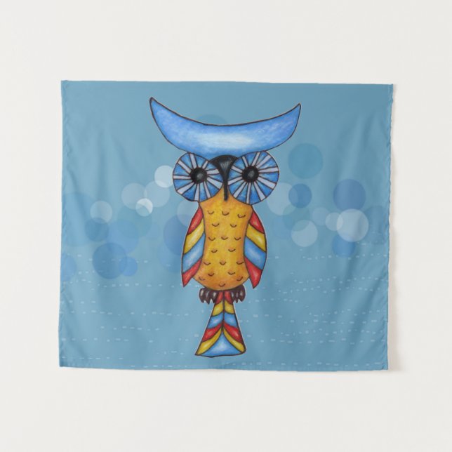 Fantasy Owl Colourful Feathers Blue Head Eyes Tapestry (Front (Horizontal))