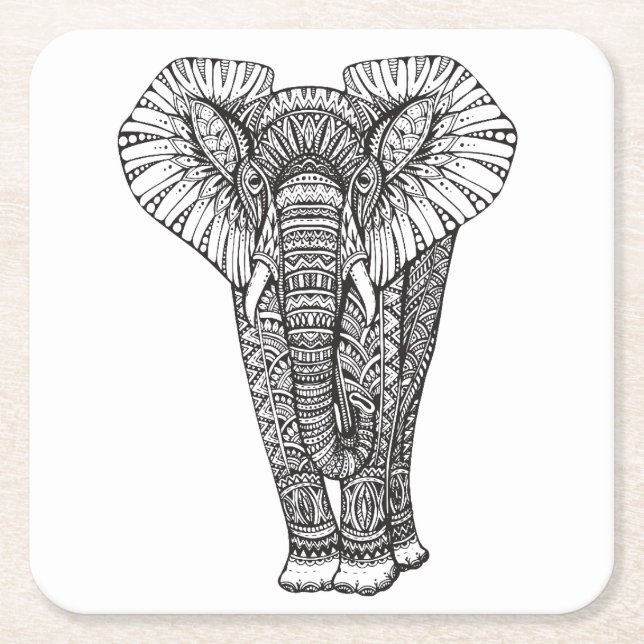 Fantasy Patterned Elephant Doodle Square Paper Coaster (Front)