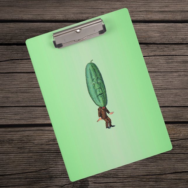 Fantasy Pickle Man Brown Suit Clipboard (Funny man with big green pickle head with face in brown suit on green clipboard.)