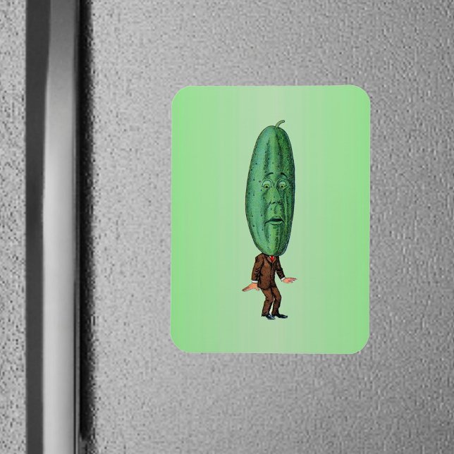 Fantasy Pickle Man Brown Suit Magnet (Funny man in suit big green pickle head with face on green rectangular magnet.)