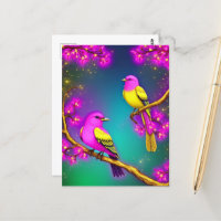 Fantasy Pink and Yellow Birds On a Branch