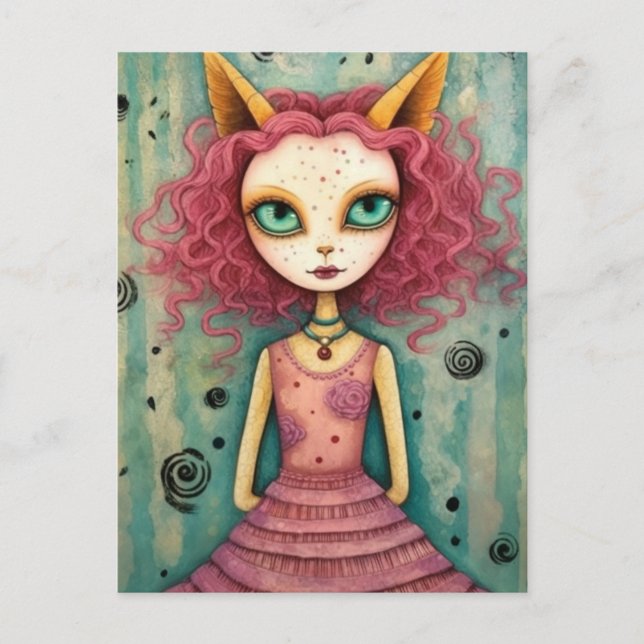 Fantasy Pink Cat Alien Woman Mixed Media Postcard (Front)