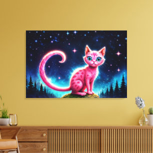 Fantasy pink cat in magic starry night forest canvas print