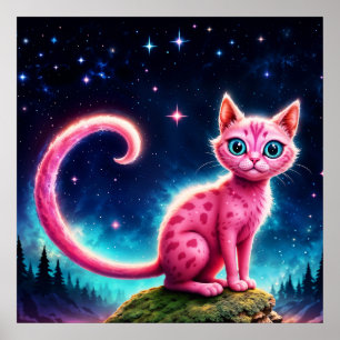 Fantasy pink cat in magic starry night forest poster