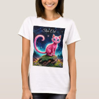 Fantasy pink cat in magic starry night forest