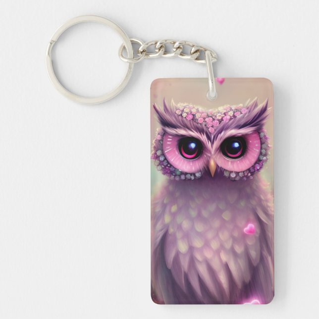 Fantasy Pink Fluffy Kawaii Owl  Key Ring (Front)