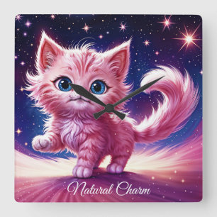 Fantasy pink fluffy kitten bright blue eyes art square wall clock