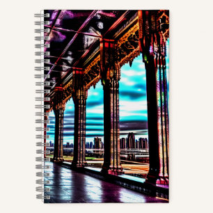 Fantasy pink red blue sky city bridge landscape notebook