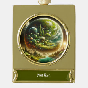 Fantasy Planet – Magical Cosmic Nature Gold Plated Banner Ornament