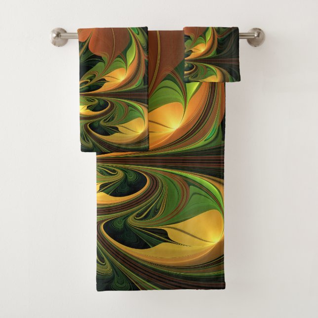 Fantasy Plant Abstract Green Rust Brown Fractal Bath Towel Set (Insitu)