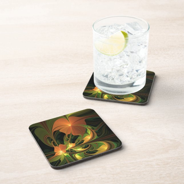 Fantasy Plant Abstract Green Rust Brown Fractal Coaster (Right Side)