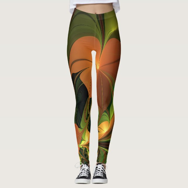 Fantasy Plant Abstract Green Rust Brown Fractal Leggings (Front)