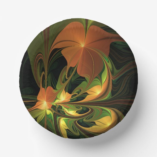 Fantasy Plant Abstract Green Rust Brown Fractal Paper Plate (Front)