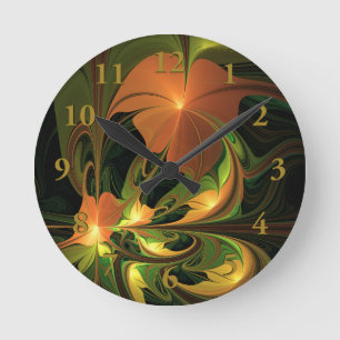 Fantasy Plant Abstract Green Rust Brown Fractal Round Clock