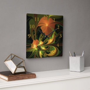 Fantasy Plant Abstract Green Rust Brown Fractal Square Wall Clock