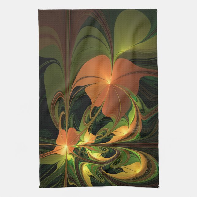 Fantasy Plant Abstract Green Rust Brown Fractal Tea Towel (Vertical)