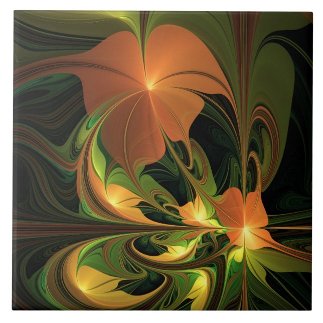Fantasy Plant Abstract Green Rust Brown Fractal Tile (Front)