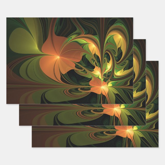 Fantasy Plant Abstract Green Rust Brown Fractal Wrapping Paper Sheet (Set)