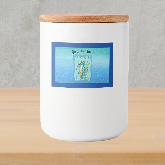 Fantasy Pretty Aqua Blue Sea Dragon Seaweed Bubble Food Label (Fantasy aqua blue sea dragon seaweed wavy frame water bubbles shades of blue border food jar label.)