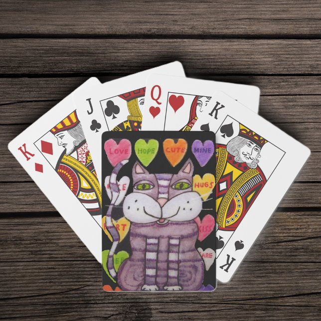 Fantasy Purple Cat Colourful Candy Hearts Playing Cards (Purple cat green eyes on wall of Valentine candy hearts on black deck of playing cards.)