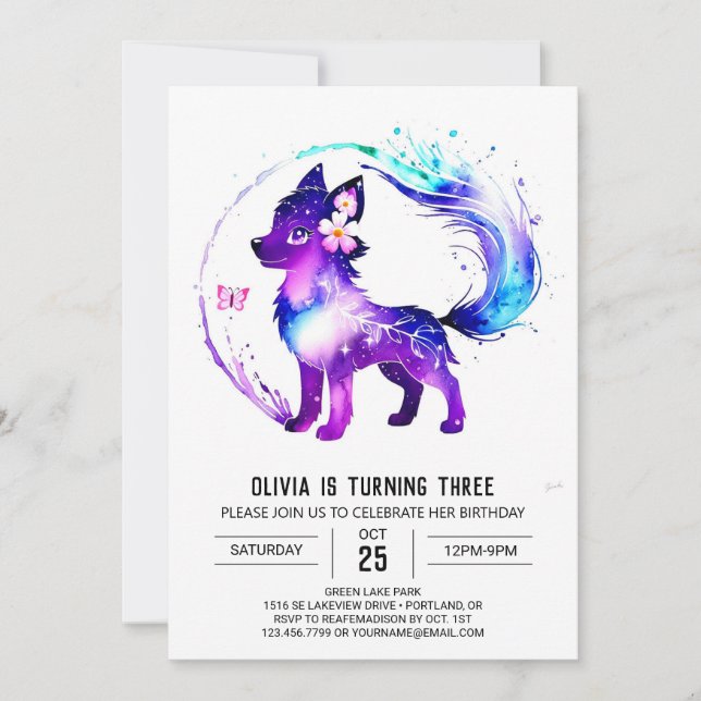 Fantasy Purple Wolf Digital Girl Birthday Invitation (Front)