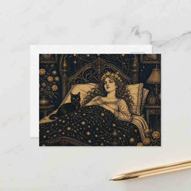Fantasy Queen and Her Black Cat in Bed Postcard (Front/Back In Situ)