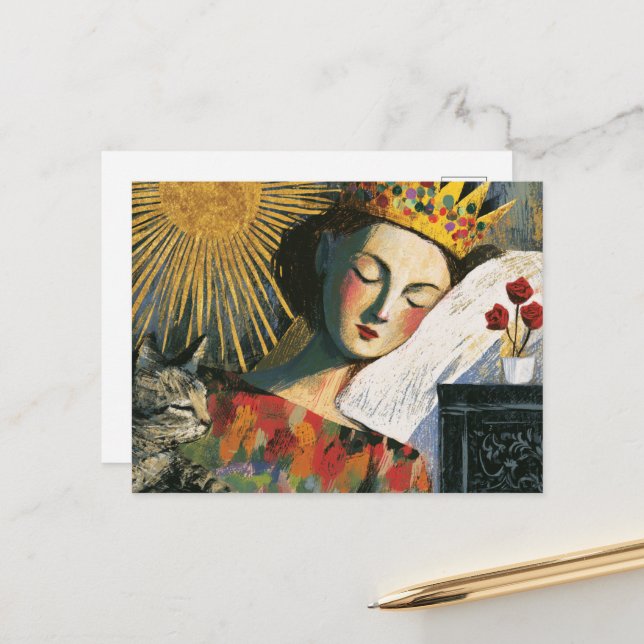 Fantasy Queen and Her Cat in Bed Postcard (Front/Back In Situ)