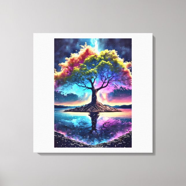 Fantasy Rainbow Tree on Island – Glowing Night Sky Canvas Print (Front)