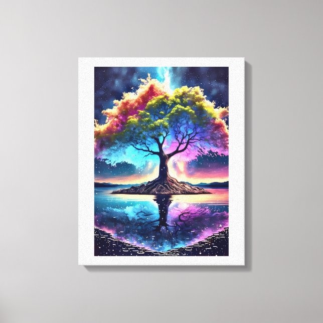 Fantasy Rainbow Tree on Island – Glowing Night Sky Canvas Print (Front)