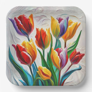 Fantasy Rainbow Tulip Bouquet Paper Plate