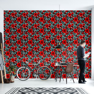 Fantasy Red and Blue Jungle Floral Wallpaper