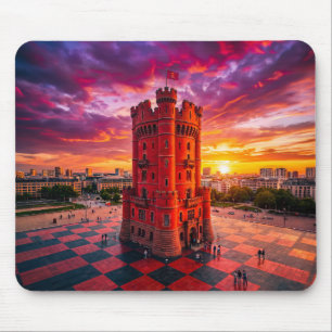 Fantasy Red Chess Castle Building On Chequerboard Mouse Pad