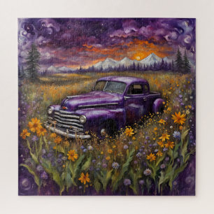 Fantasy Retro Purple Vechicle in a Mountain Meadow Jigsaw Puzzle