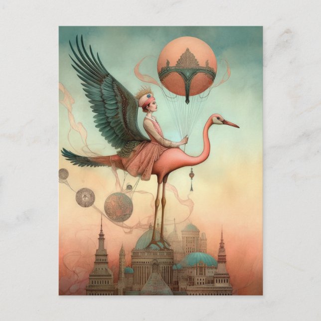 Fantasy Ride on a Pink Flamingo Postcard (Front)