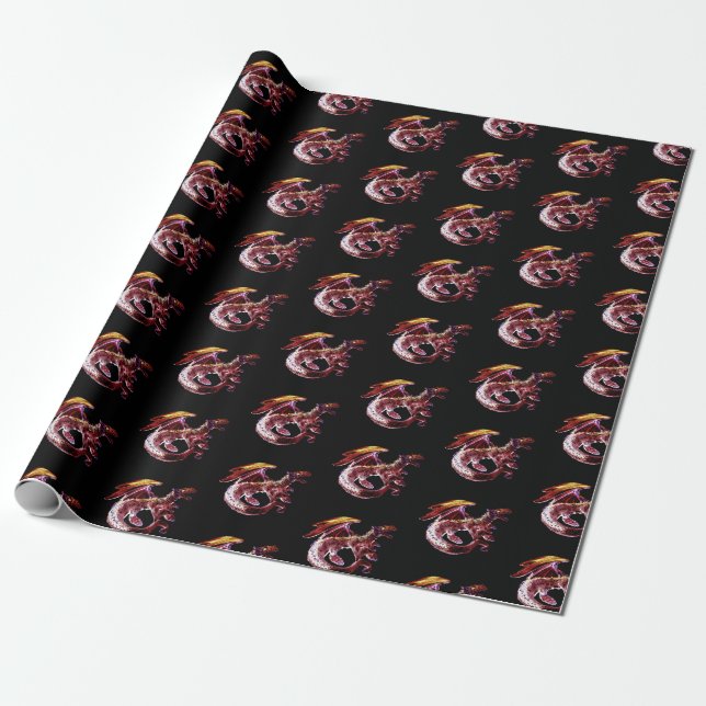Fantasy Ruby Red Dragon Black Background Mythical Wrapping Paper (Unrolled)
