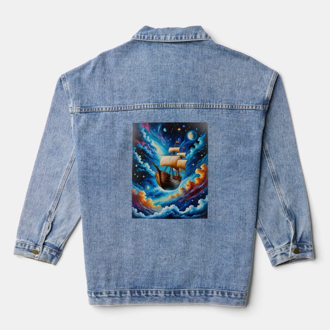 Fantasy Sailing Ship in Space Tee Denim Jacket (Back)